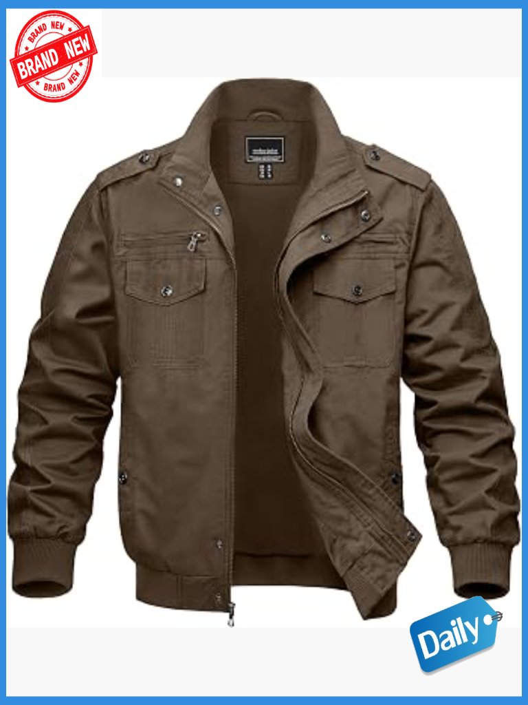 Men's Military Windbreaker Lightweight Cargo Jacket 7 Pockets Cotton Zip Front